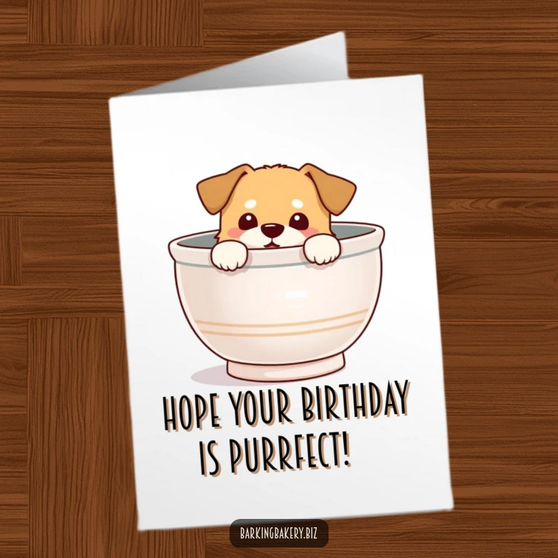 Funny Free Printable Birthday Card: A dog peeks out from a giant mixing bowl with a delighted expression, ready for fun.
