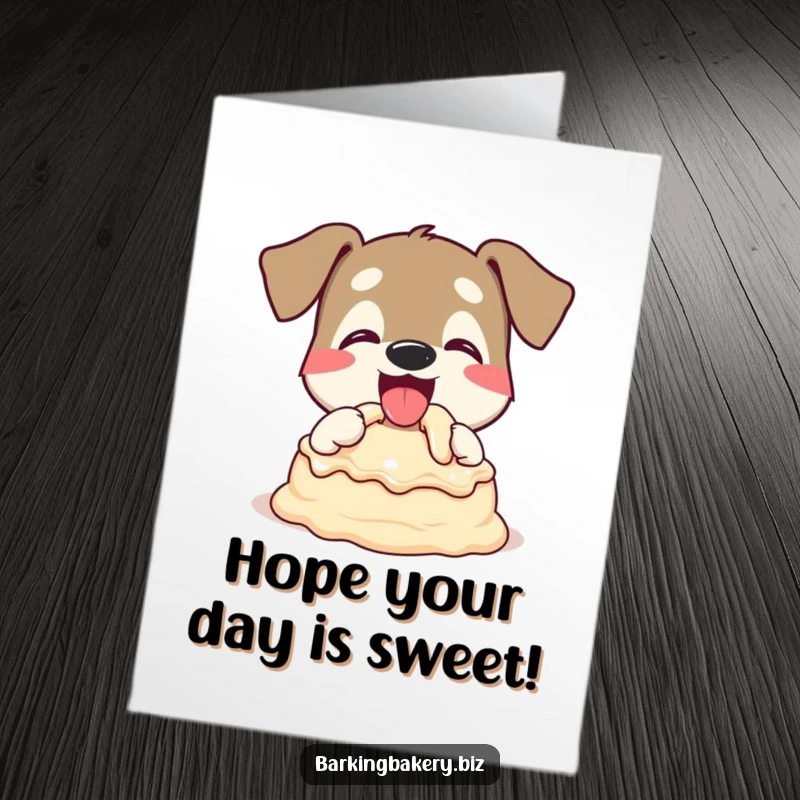 Funny Free Printable Birthday Card of a dog happily wagging its tail while tasting cake batter.