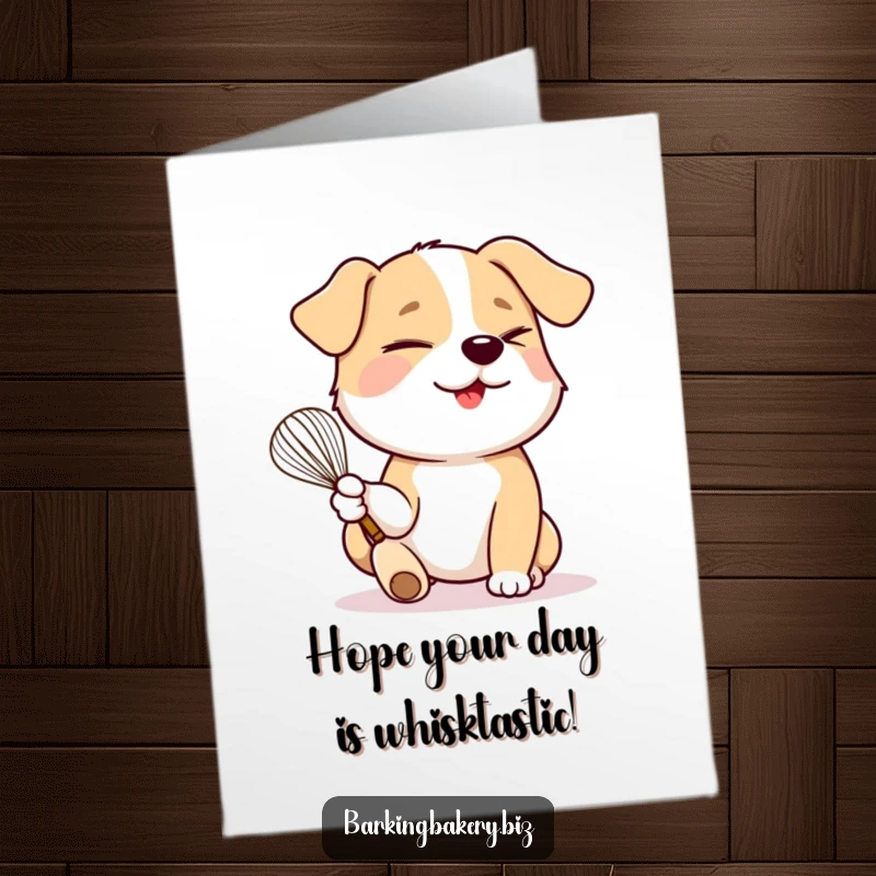 Funny Free Printable Birthday Card: A dog playfully winks while holding a whisk in its paw, ready for birthday baking fun.