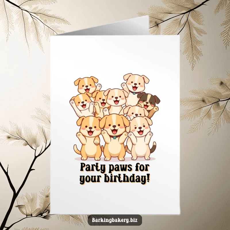 Funny Free Printable Birthday Card: Group of cute dogs cheering with paws raised, celebrating a happy birthday.