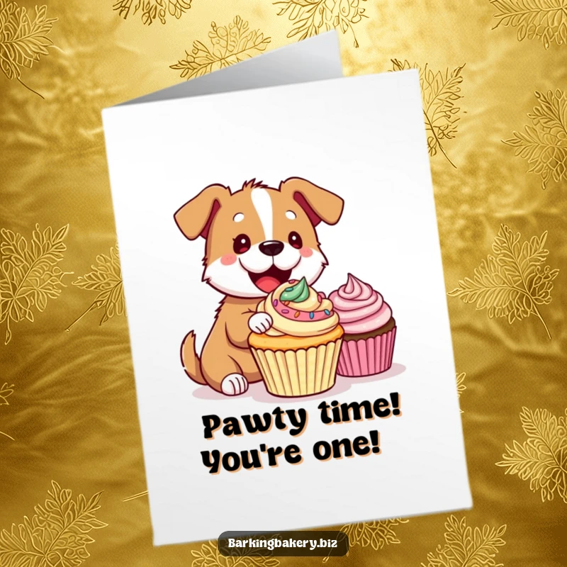 Funny Free Printable Birthday Card: Dog enthusiasticallyfrosting a cupcake with a joyful expression, ready for gifting.