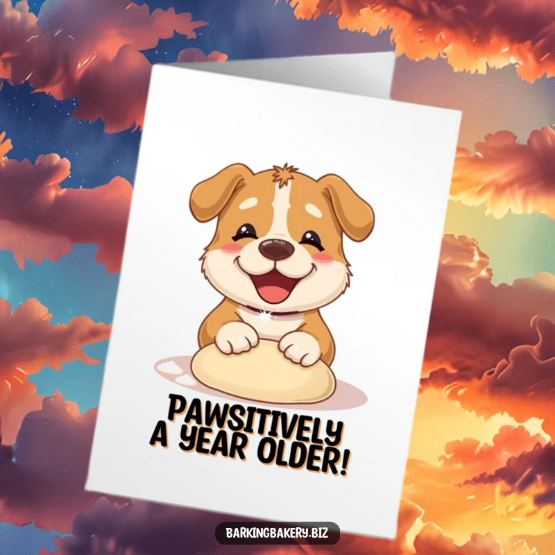 Funny Free Printable Birthday Card featuring a dog with a flour-dusted nose happily kneading dough.