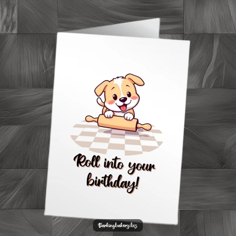 Funny Free Printable Birthday Card: Dog playfully chasing a rolling pin across a checkered floor, a delightful DIY gift.