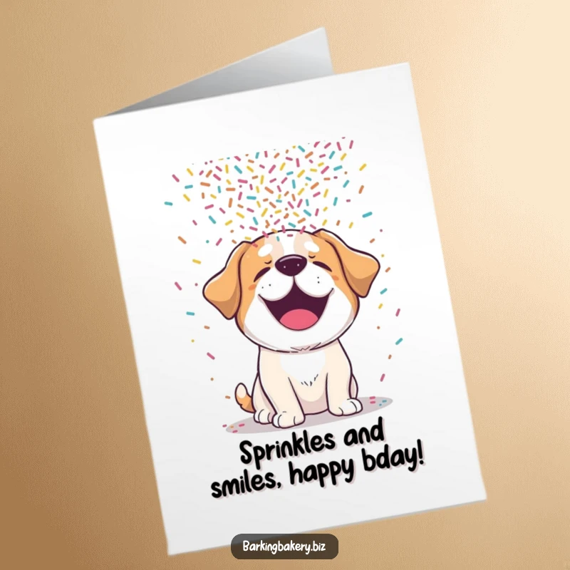 Funny Free Printable Birthday Card featuring a joyful dog giggling under a shower of colorful birthday sprinkles.