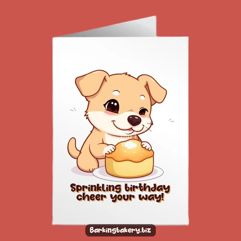 Free Printable Birthday Card: Winking Dog Sprinkling Sugar - Funny Downloadable Treat Decorator
