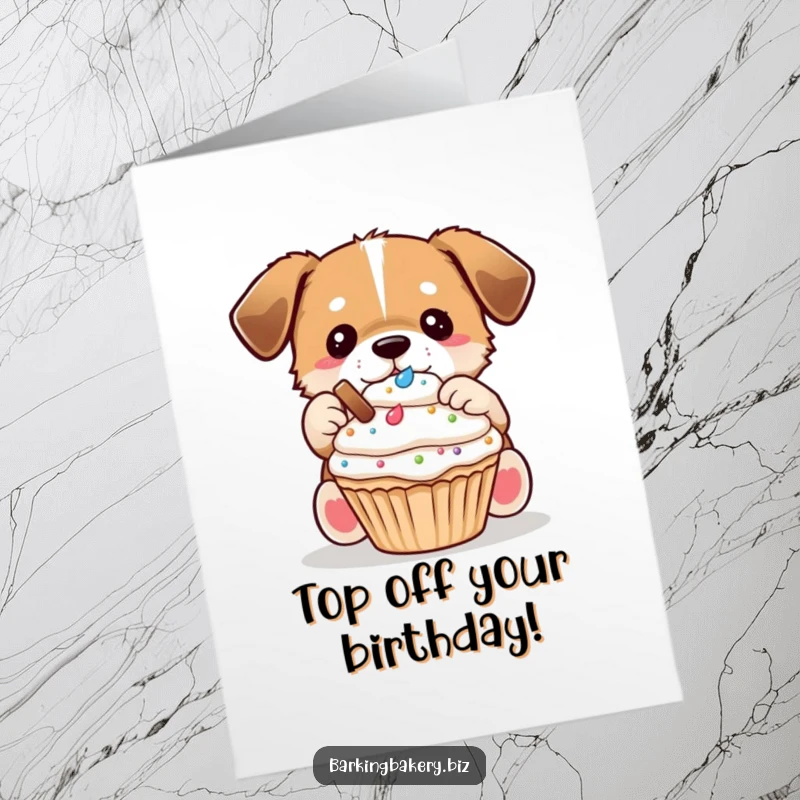 Funny Free Printable Birthday Card showing a dog meticulously placing toppings onto a beautifully decorated cupcake.