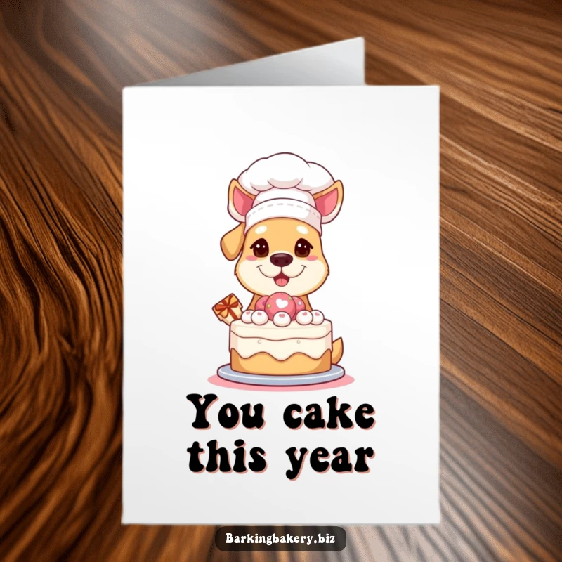 Funny Free Printable Birthday Card: Dog in chef hat proudly holds a delicious cake, perfect for bakers and dog fans.