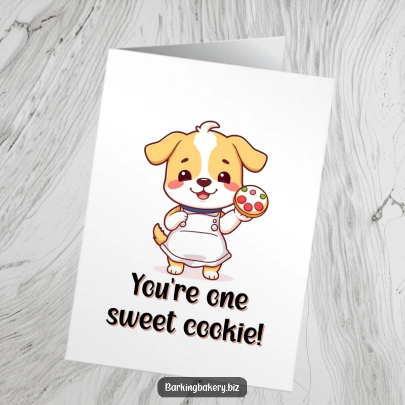 Funny Free Printable Birthday Card: Cheerful dog wearing an apron proudly displays a beautifully decorated cookie, celebrating a birthday.