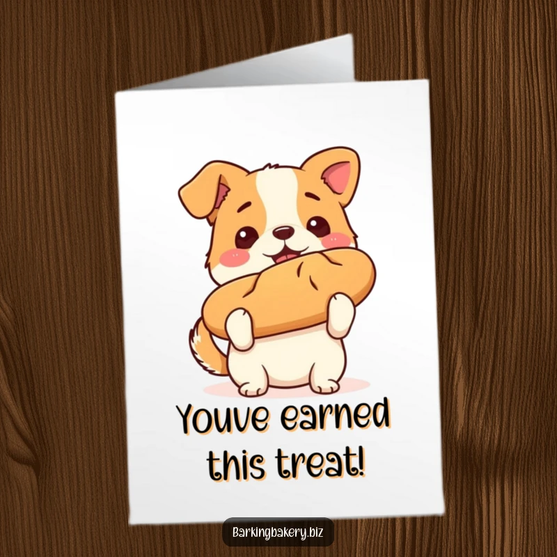 Funny Free Printable Birthday Card: Dog proudly holding a perfectly baked loaf of bread, celebrating a birthday milestone.