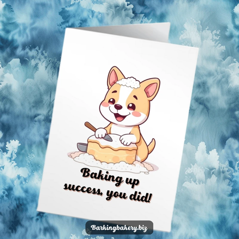 Funny Free Printable Congratulations Card: Dog chef covered in flour, proudly presenting a hilariously wonky cake.