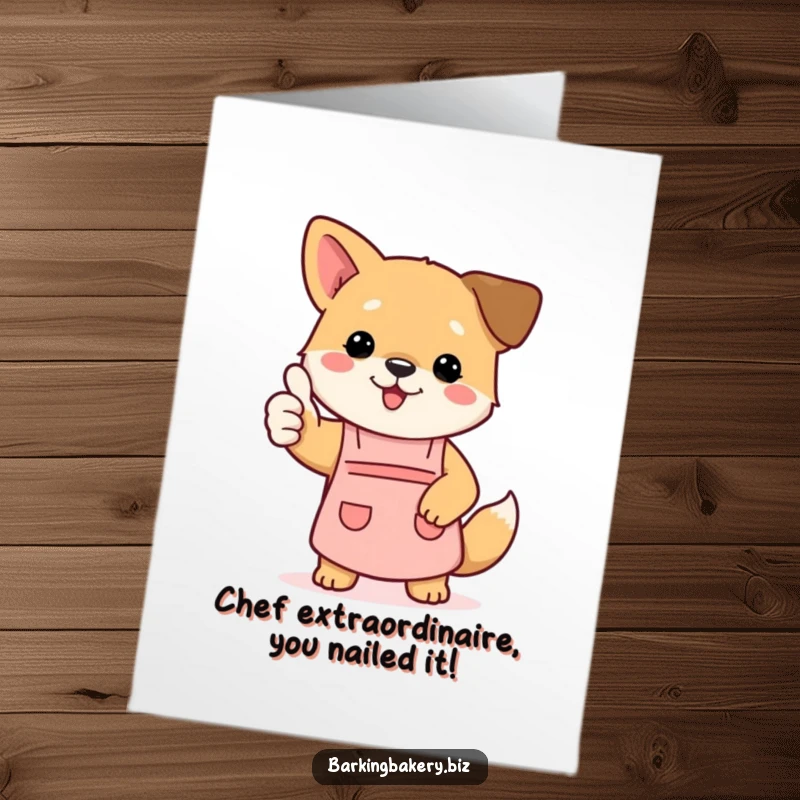 Funny Free Printable Congrats Card: Dog in a tiny apron gives a thumbs up, conveying congratulations and approval.
