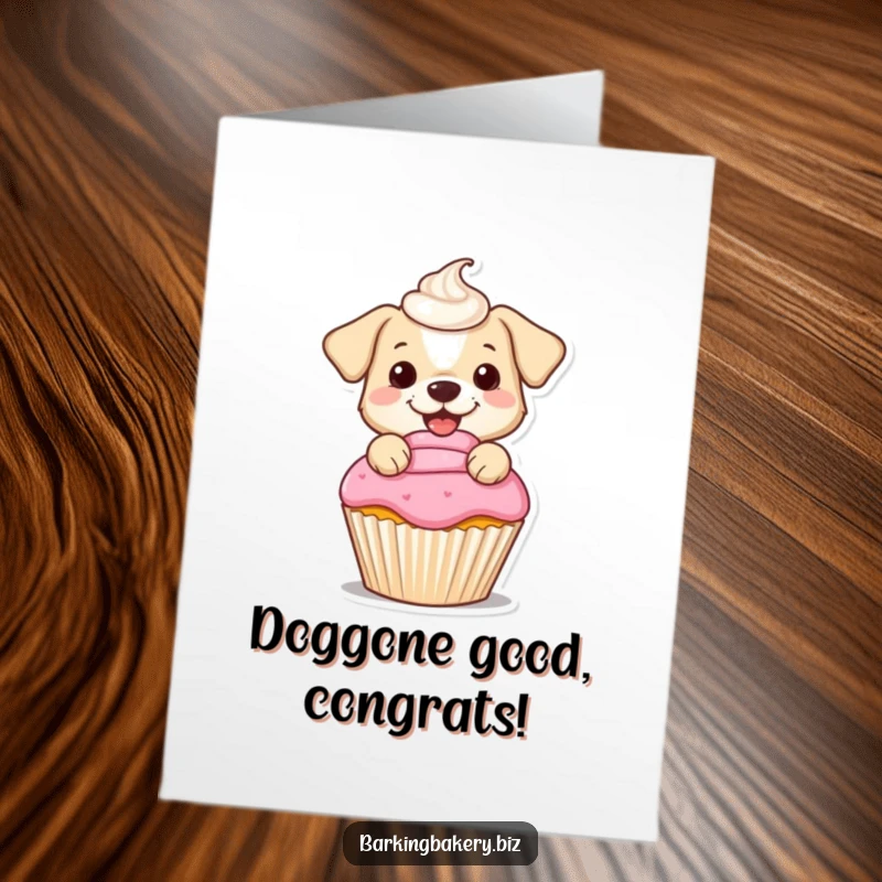 Funny free printable congratulations card: a small dog joyfully frosts a cupcake, a charming way to celebrate achievements.