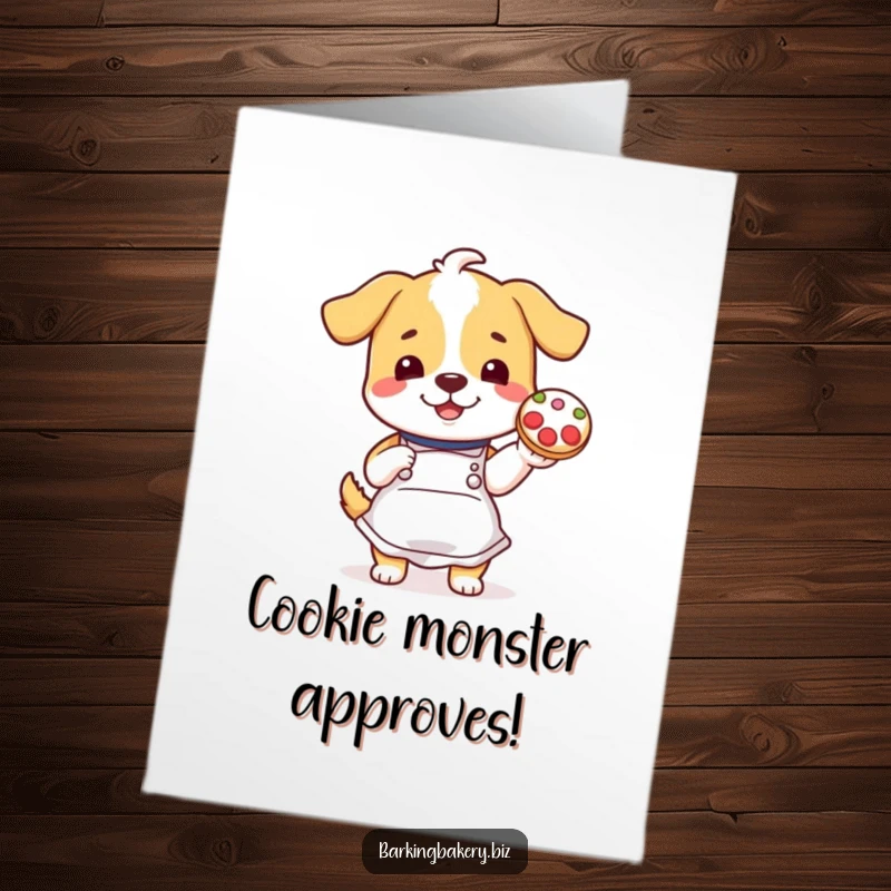 Funny Free Printable Congratulations Card: A cheerful dog in an apron proudly holds up a decorated cookie, celebrating a big win.