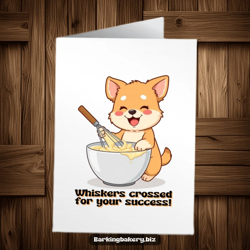 Funny Free Printable Congratulations Card: Dog enthusiastically mixing batter in a bowl with a large whisk, celebrating big.