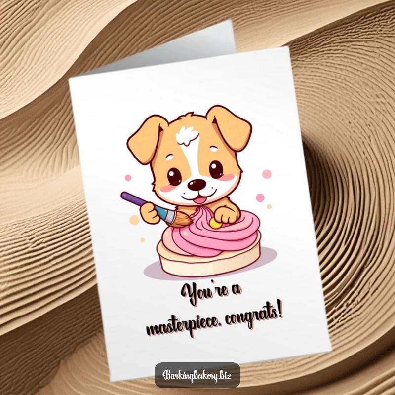 Funny Free Printable Congratulations Card featuring a dog artistically dipping a paintbrush into vibrant frosting.