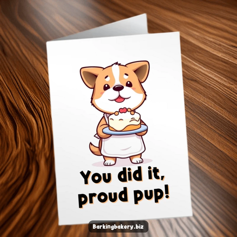Free Printable Congratulations Card: A determined dog in an apron presents a slightly lopsided cake with pride and joy.