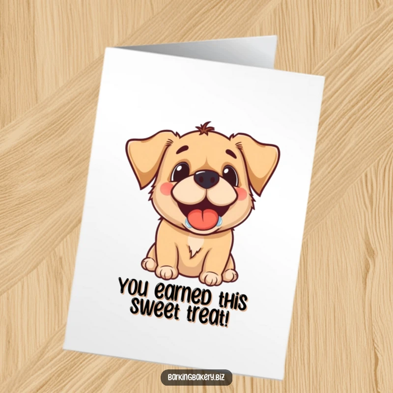 Funny Free Printable Congratulations Card: A dog with a wide, drooling grin enthusiastically awaits a rewarding treat.