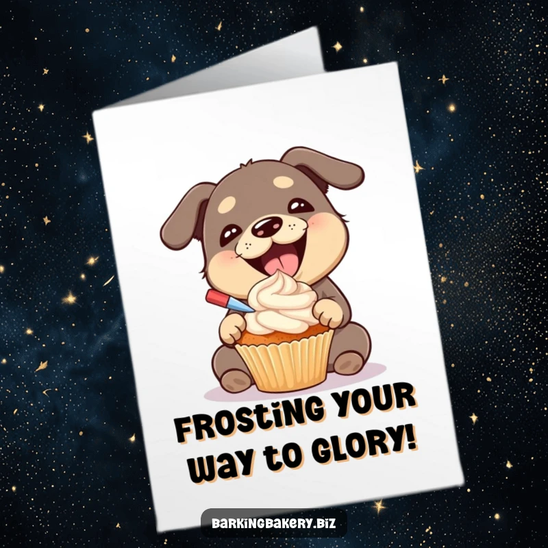 Funny Free Printable Congratulations Card: Dog with gleeful expression eagerly frosting a cupcake, celebrating achievements sweet.