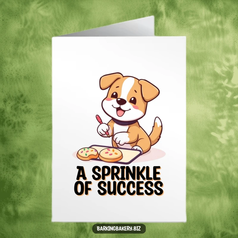 Funny Free Printable Congrats Card: A dog excitedly decorates cookies with sprinkles, celebrating achievement.