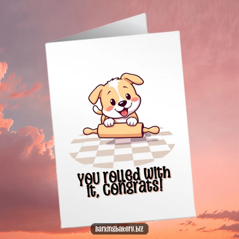 Funny Free Printable Congratulations Card: Dog playfully chasing a rolling pin across a checkered floor, a fun DIY gift.