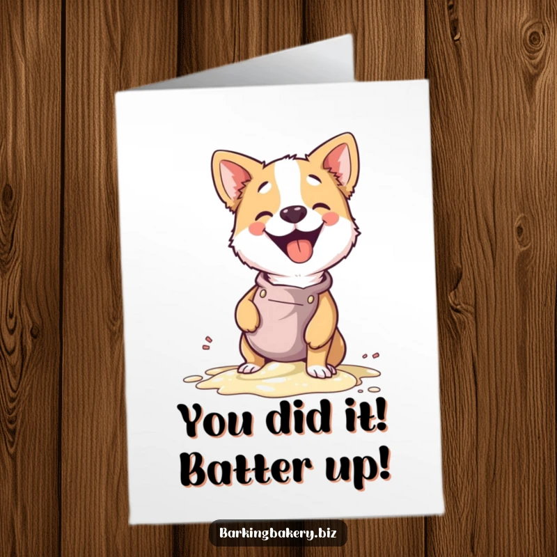 Funny Free Printable Congratulations Card: A cheerful dog chef humorously spills batter, celebrating achievements with a giggle.