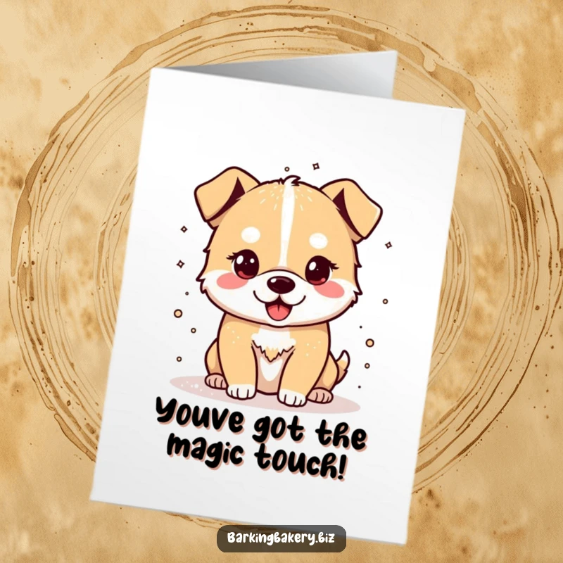 Funny Free Printable Congratulations Card: Cheerful dog playfully sprinkling flour, creating a light dusting of celebration for their success.