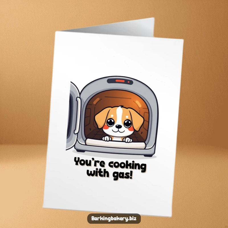 Funny Free Printable Congratulations Card: Dog with intense focus and eager eyes, peering into a warm oven.