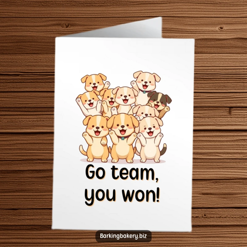 Free Printable Congratulations Card: Various cute dog characters joyfully cheering with paws raised, celebrating success.