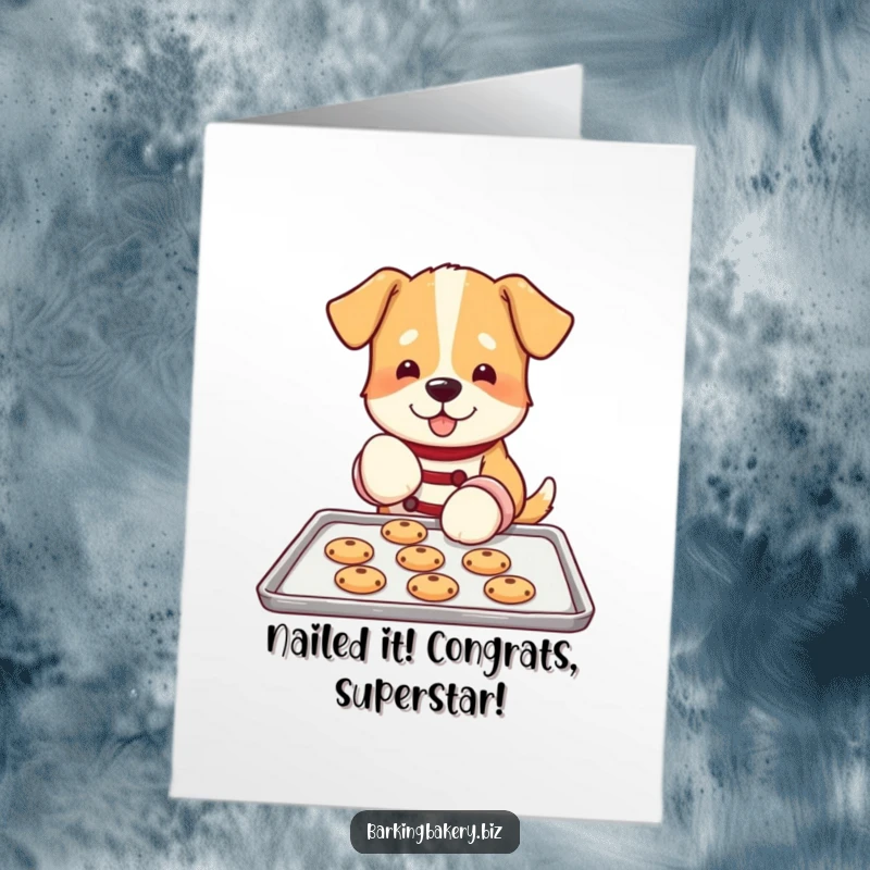 Funny Free Printable Congratulations Card: Dog in oven mitts carefully placing cookies on a baking sheet, celebrating achievement.