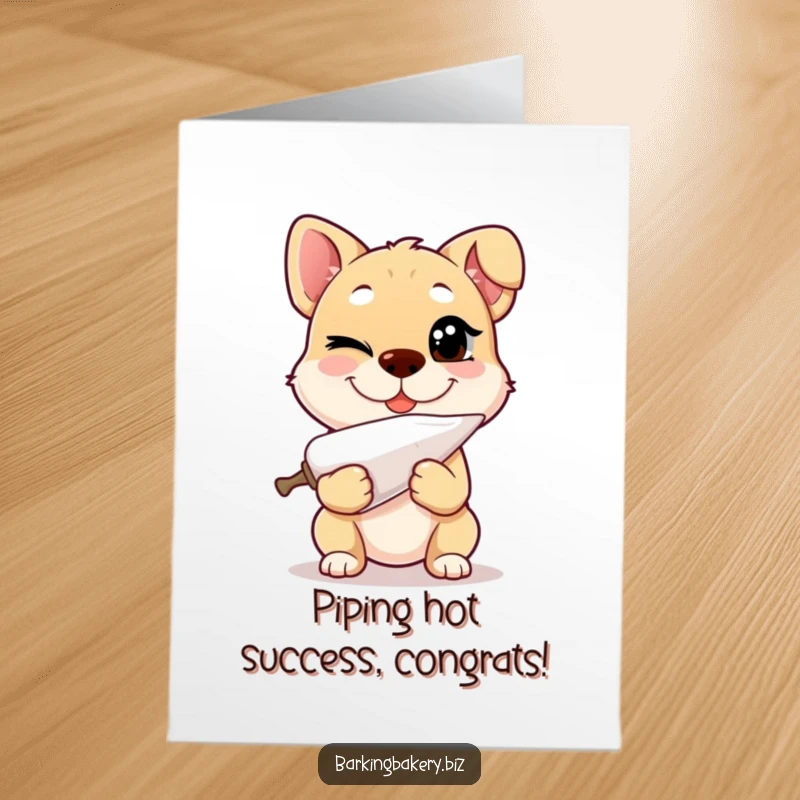 Funny Free Printable Congrats Card: A dog winking playfully while holding a piping bag, grinning about an achievement.