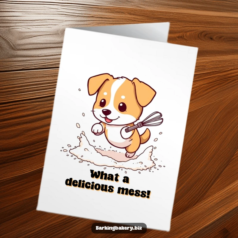 Funny Free Printable Congratulations Card: A flour-covered dog joyfully pursues a dancing whisk.