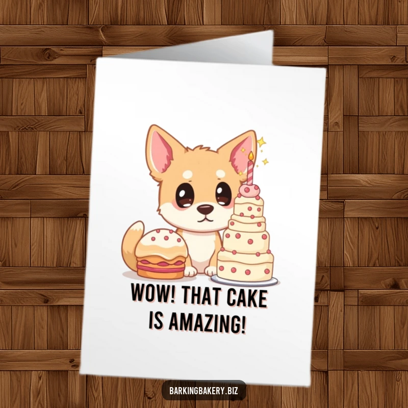 Funny Free Printable Congratulations Card: A dog looks up with starry eyes at an impressive cake creation.