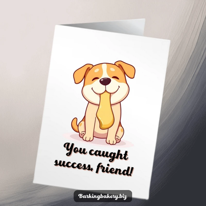 Free printable congratulations card: energetic dog mid-air catching a pastry, conveying playful success and excitement.