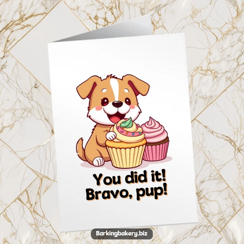 Funny Free Printable Congratulations Card: Dog joyfully decorating a cupcake, a sweet and humorous celebration.