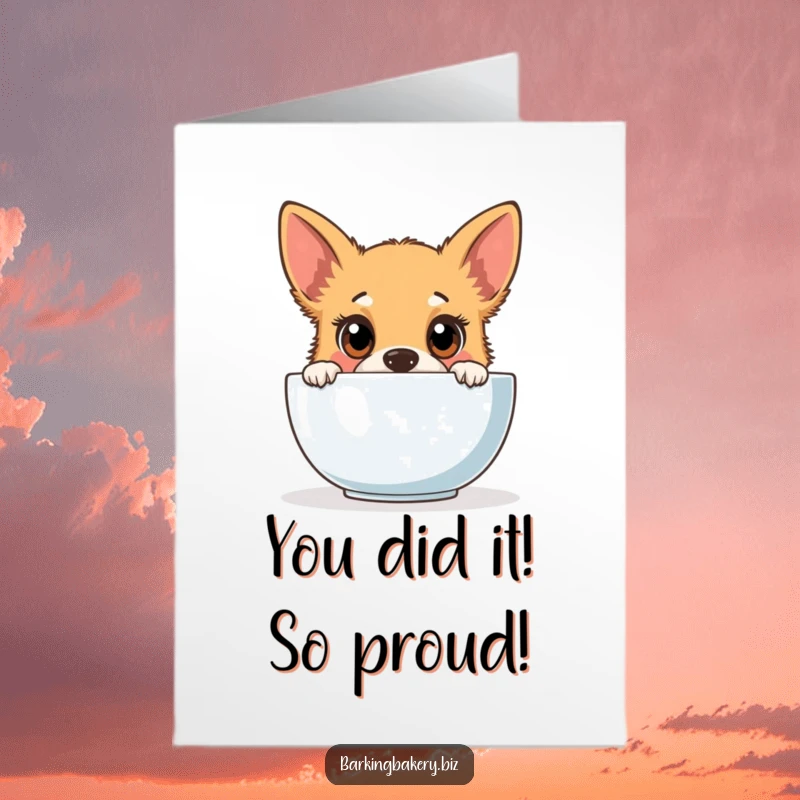 Funny Free Printable Congrats Card: Curious dog peeking into a mixing bowl, longing for baked goodies, perfect for celebrations.