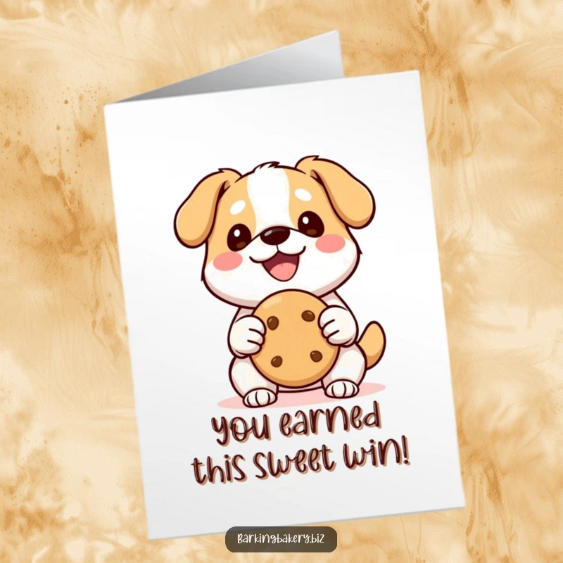 Free Printable Congratulations Card: A happy kawaii dog holds a perfect cookie, sharing in the sweet success of an achievement.
