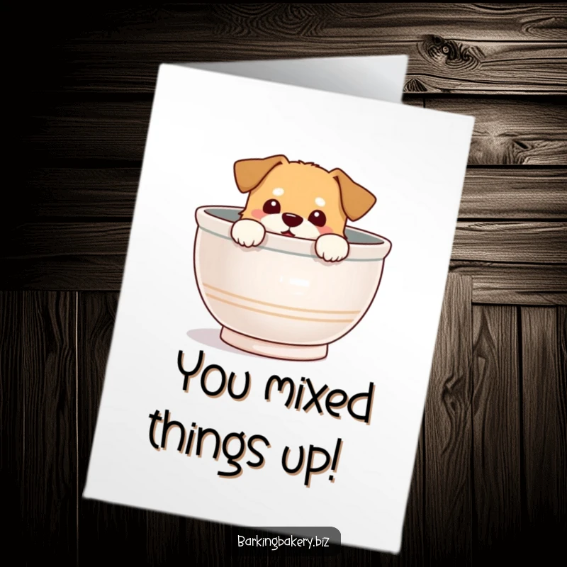 Funny Free Printable Congratulations Card: A dog peeks out from a giant mixing bowl, looking delighted by the accomplishment.