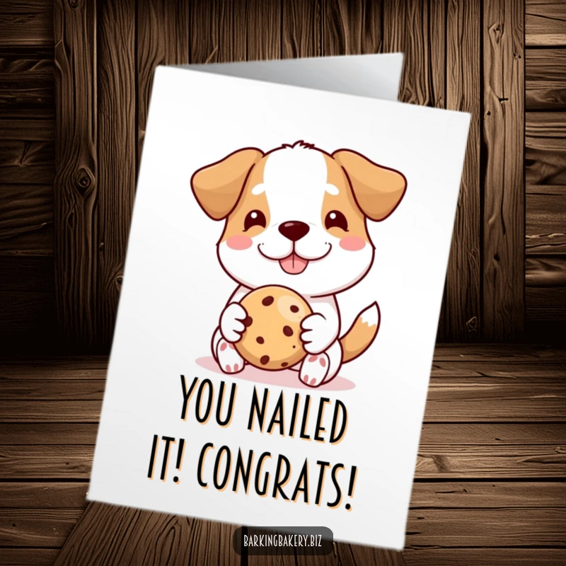 Funny Free Printable Congratulations Card: A dog beaming with pride offers a flawlessly baked cookie.