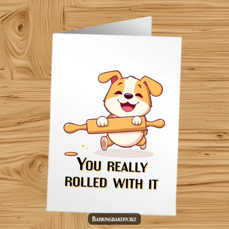 Funny Free Printable Congrats Card: A dog gleefully chases a rolling pin, symbolizing playful victory.