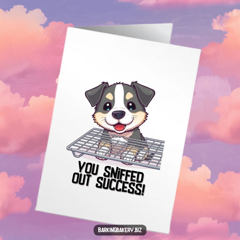 Free Printable Congratulations Card: A curious dog with a flour smudge on its nose sniffs a cooling rack, celebrating success.