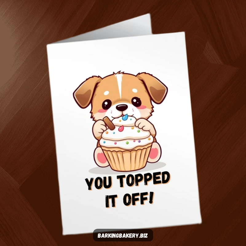 Funny Free Printable Congratulations Card featuring a dog carefully adorning a cupcake with various delicious toppings with great precision.