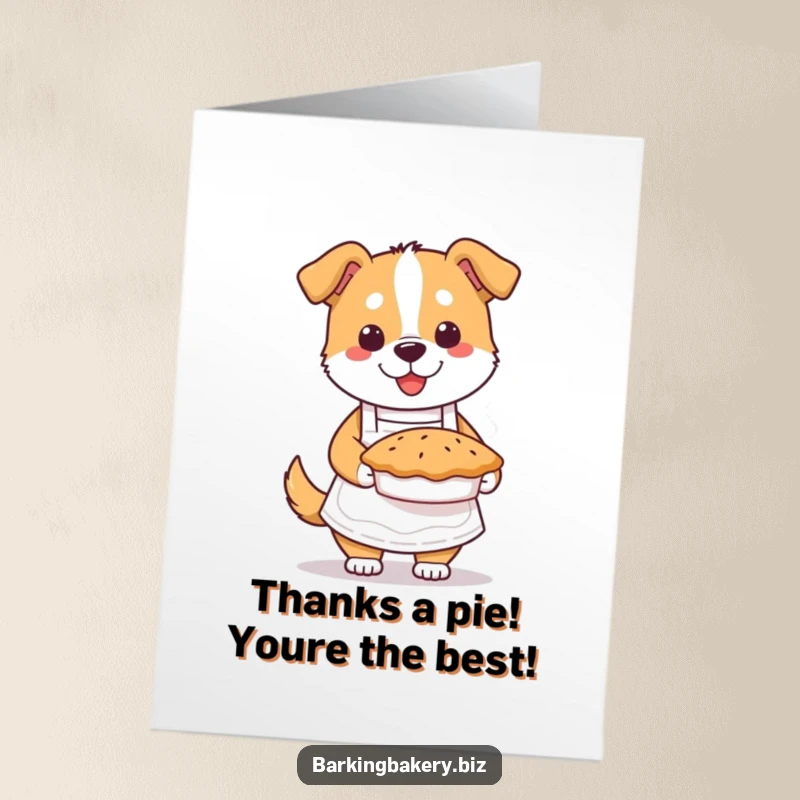 Funny Free Printable Thank You Card: Sweet dog in apron offers a warm, inviting steaming pie with gratitude.