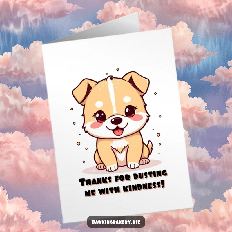 Funny Free Printable Thank You Card: Happy dog playfully sprinkles flour, leaving a cheerful, dusty trail of gratitude.