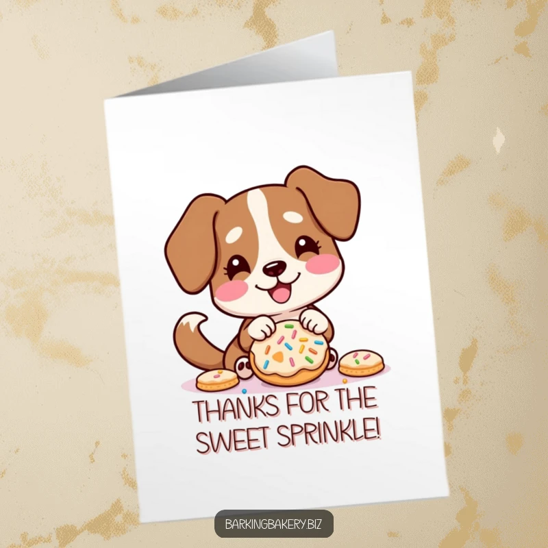 Funny Free Printable Thank You Card: Dog with a furiously wagging tail decorating a cookie with many colorful sprinkles.
