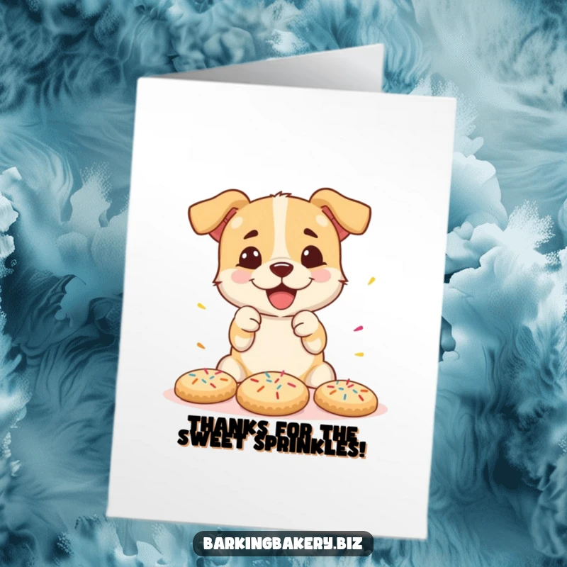 Funny Free Printable Thank You Card: Adorable dog happily decorating cookies, generously adding colorful sprinkles with enthusiasm.