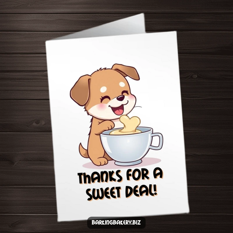 Funny free printable thank you card: a dog happily lapping batter from a mixing bowl, with a mischievous grin.