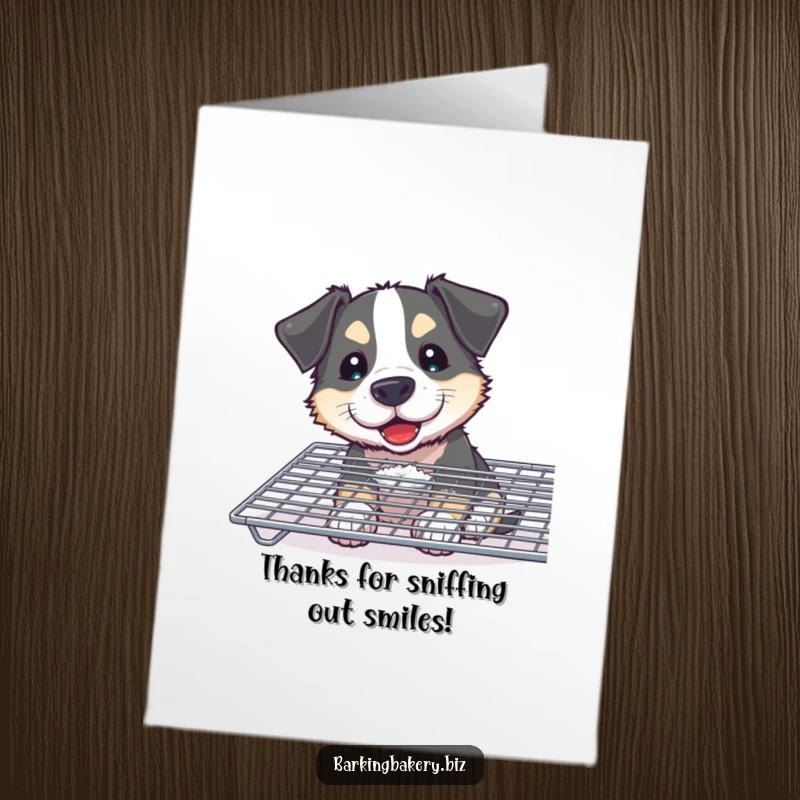 Funny Free Printable Thank You Card: Curious dog with flour on nose joyfully sniffs baked goods on a cooling rack.
