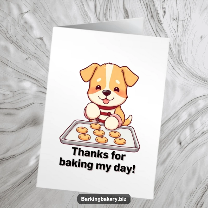 Funny Free Printable Thank You Card: Adorable dog wearing oven mitts carefully placing cookies on a baking sheet, baked with thanks.