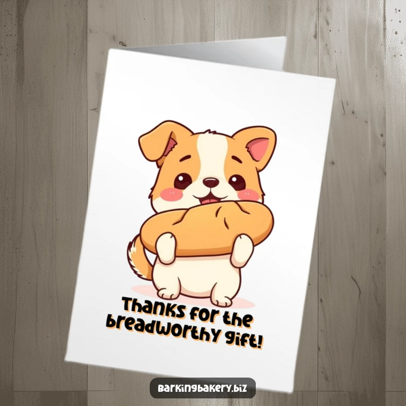 Funny Free Printable Thank You Card: Dog proudly holding a perfectly baked loaf of bread, expressing gratitude for baked goods.