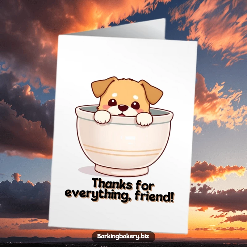 Funny Free Printable Thank You Card: A delighted dog peeks from a giant mixing bowl, expressing thanks with charm.